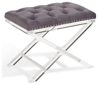 Cody Modern and Contemporary Tufted Ottoman in Gray Velvet with Acrylic Legs