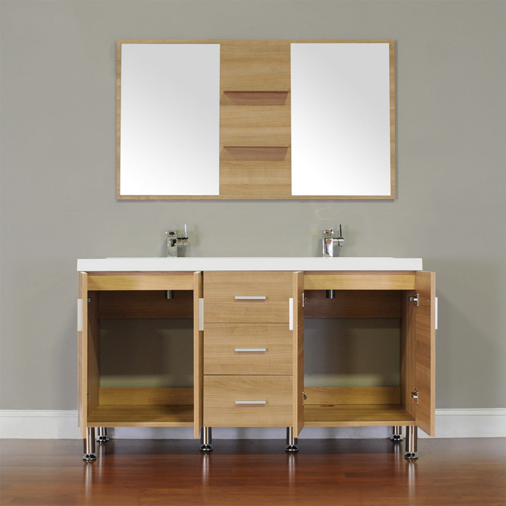 56 Inch Double Modern Bathroom Vanity Wavy Sink In Light Oak Without Mirror