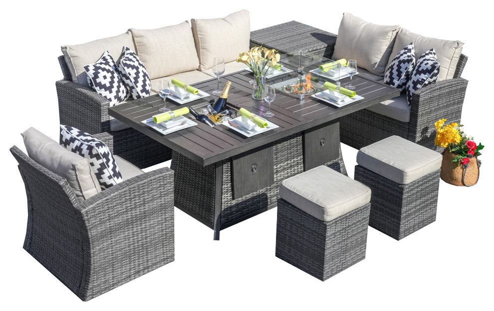 7-Piece Patio Sofa Set with Firepit and Ice Container Dining Table, Grey