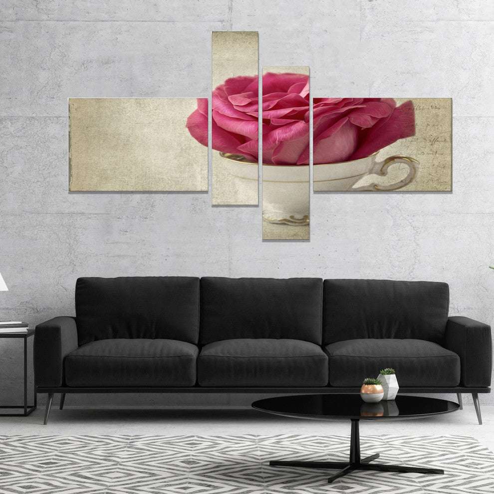 Red Rose in Cup Photography, Floral Canvas Art Print, 60"x32", 4 panels