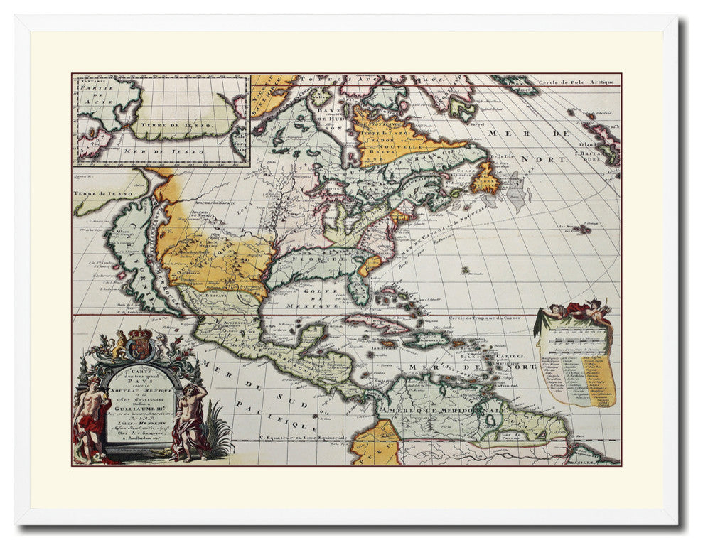 North America Vintage Old Map Print On Canvas With Picture Frame 28" X 37"