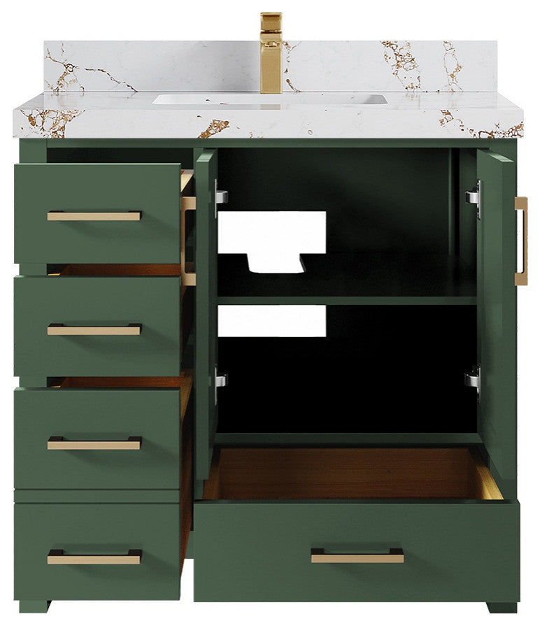 Malibu 36 Center Sink Bath Vanity in Lafayette Green 2" Viola Gold
