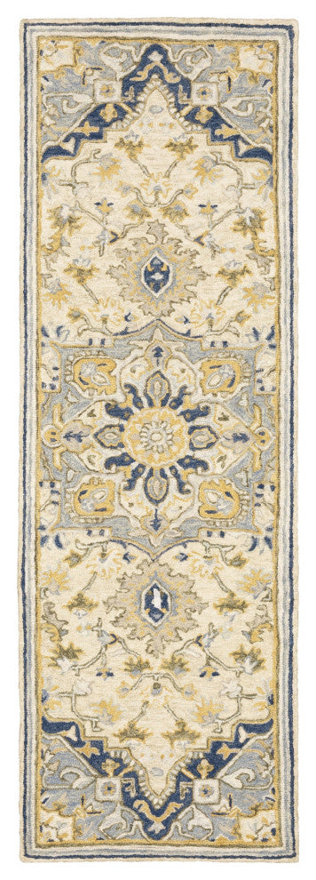 3'X8' Blue And Ivory Bohemian Runner Rug