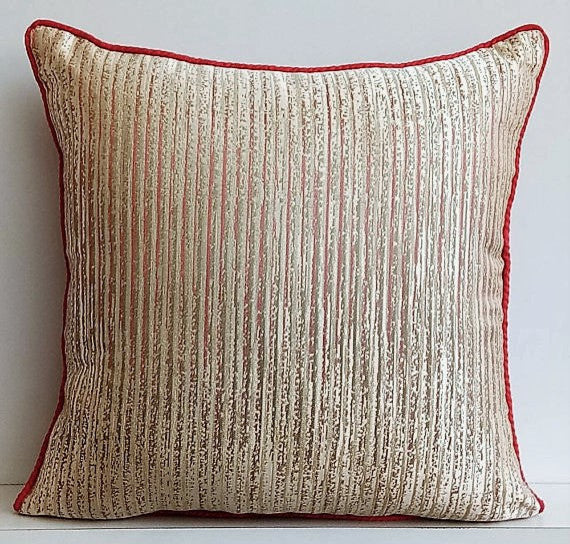 Gold Throw Pillow Cover, Abstract Stripe 24"x24" Silk, Toasted Coral Gold