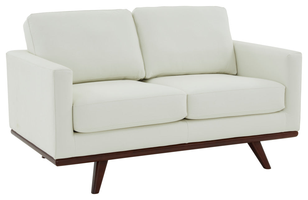 LeisureMod Chester Modern Leather Loveseat With Birch Wood Base, White
