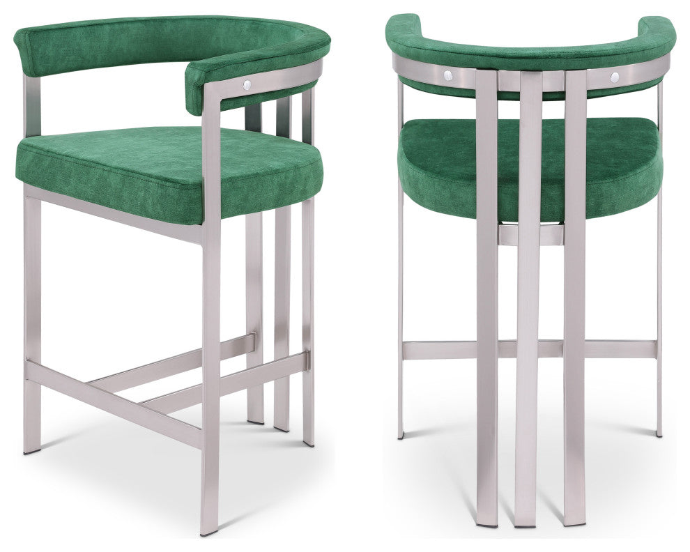 Marcello Upholstered Counter Stool, Green, Velvet, Brushed Chrome
