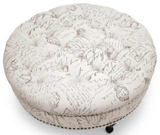 Manchester Beige Linen Script Print Tufted Ottoman