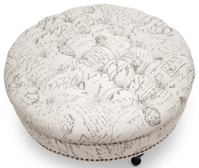 Manchester Beige Linen Script Print Tufted Ottoman