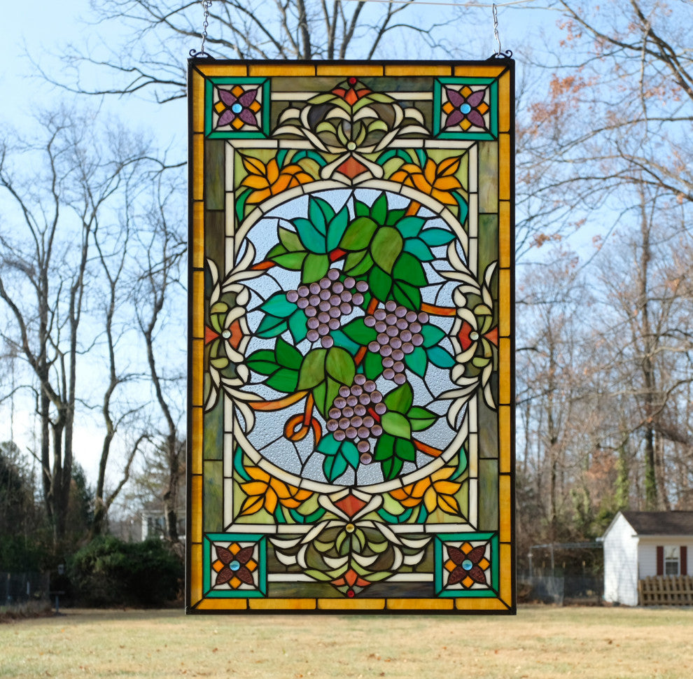 20" x 33.75" Large Handcrafted glass window panel Grape W/ Vine