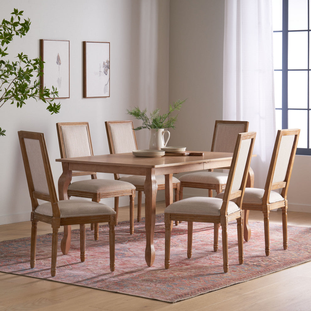 Fernleaf French Country Fabric Upholstered Wood Expandable 7-Piece Dining Set, Natural Brown/Beige
