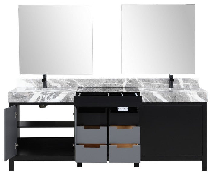Zilara Black and Grey 84" Double Vanity Set, Cascata Nera Matte Black Faucet Set