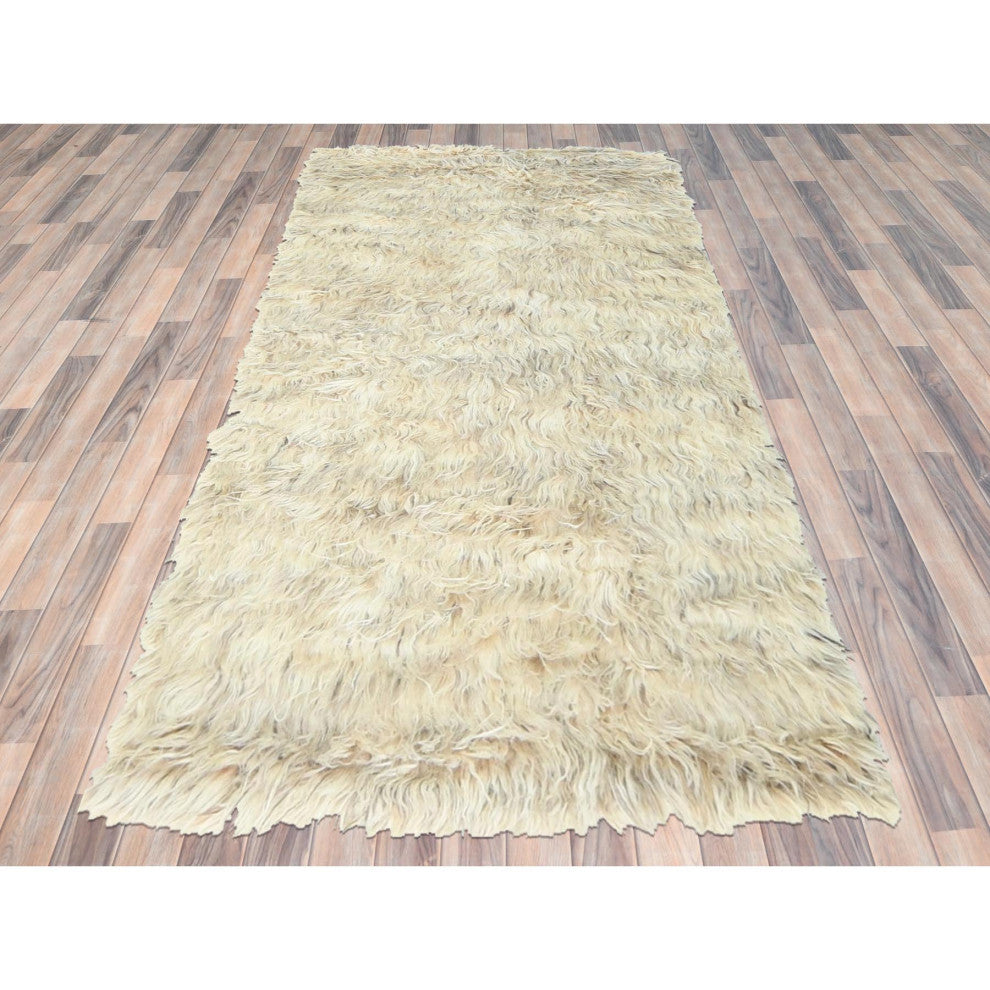 Beige, Shaggy Moroccan, Undyed Natural Wool Hand Knotted Rug, 3'1"x5'3"