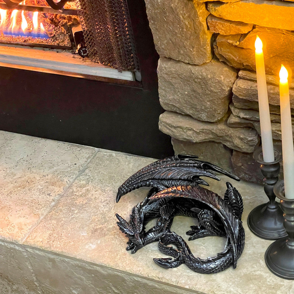 Somasaurus Metallic Black Gothic Sleeping Dragon Statue 12 in.