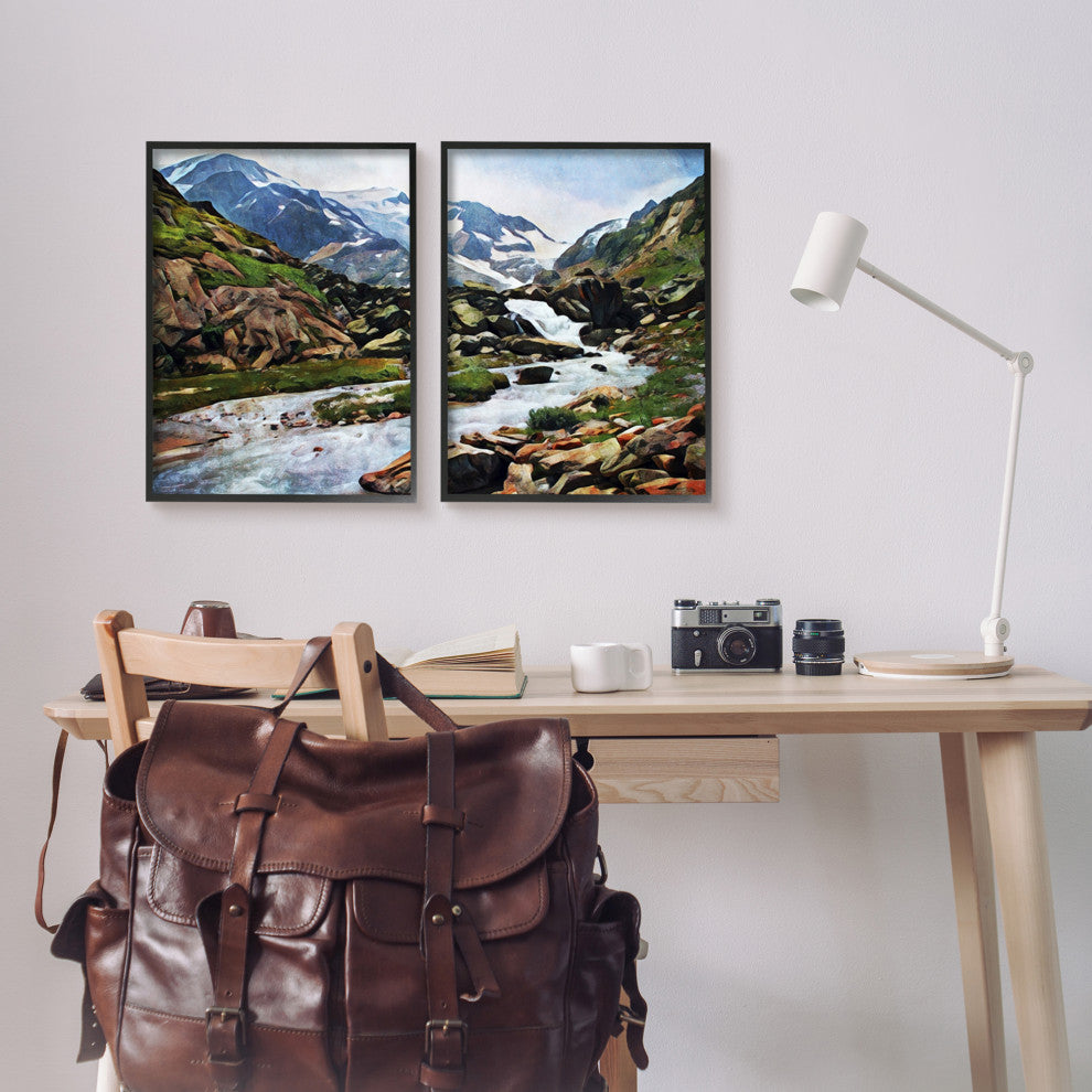 Peaceful Rocky Mountains Water Landscape Painting, 2pc, each 16 x 20