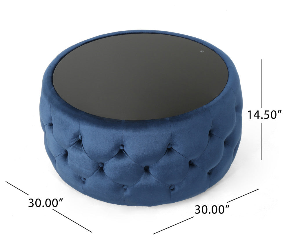 GDF Studio Ivy Glam Velvet and Tempered Glass Coffee Table Ottoman, Cobalt/Black
