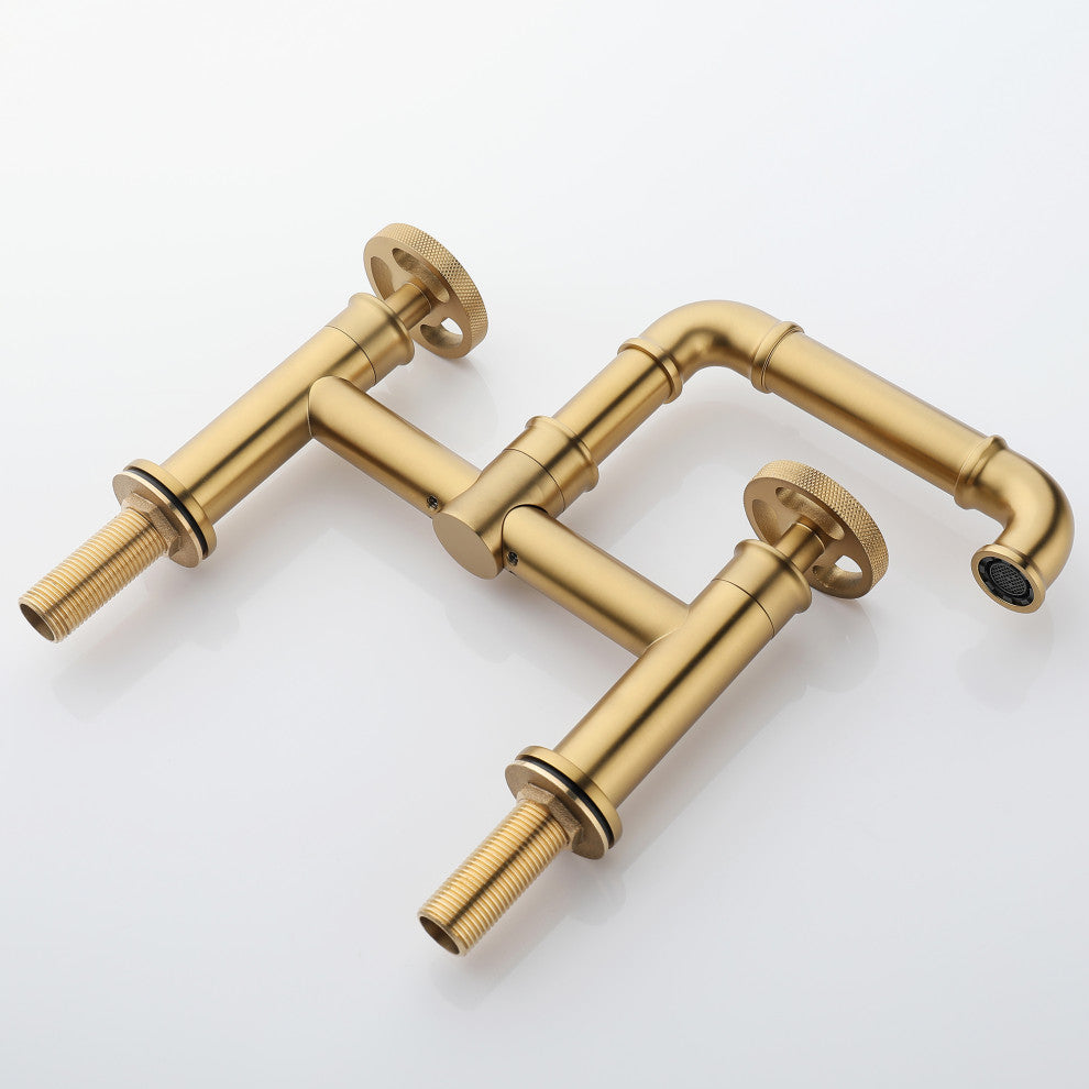 Deck Mounted Dual Handle Bridge Bathroom Faucet, Brushed Gold