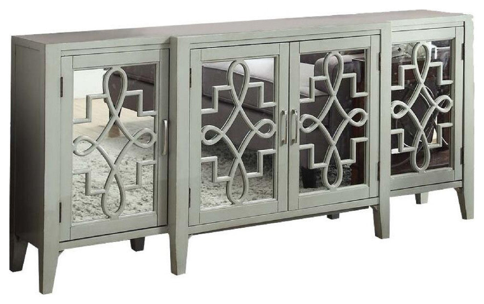 Benzara BM154245 72" Console Table With 3 Mirror Doors, Lattice Design, Gray