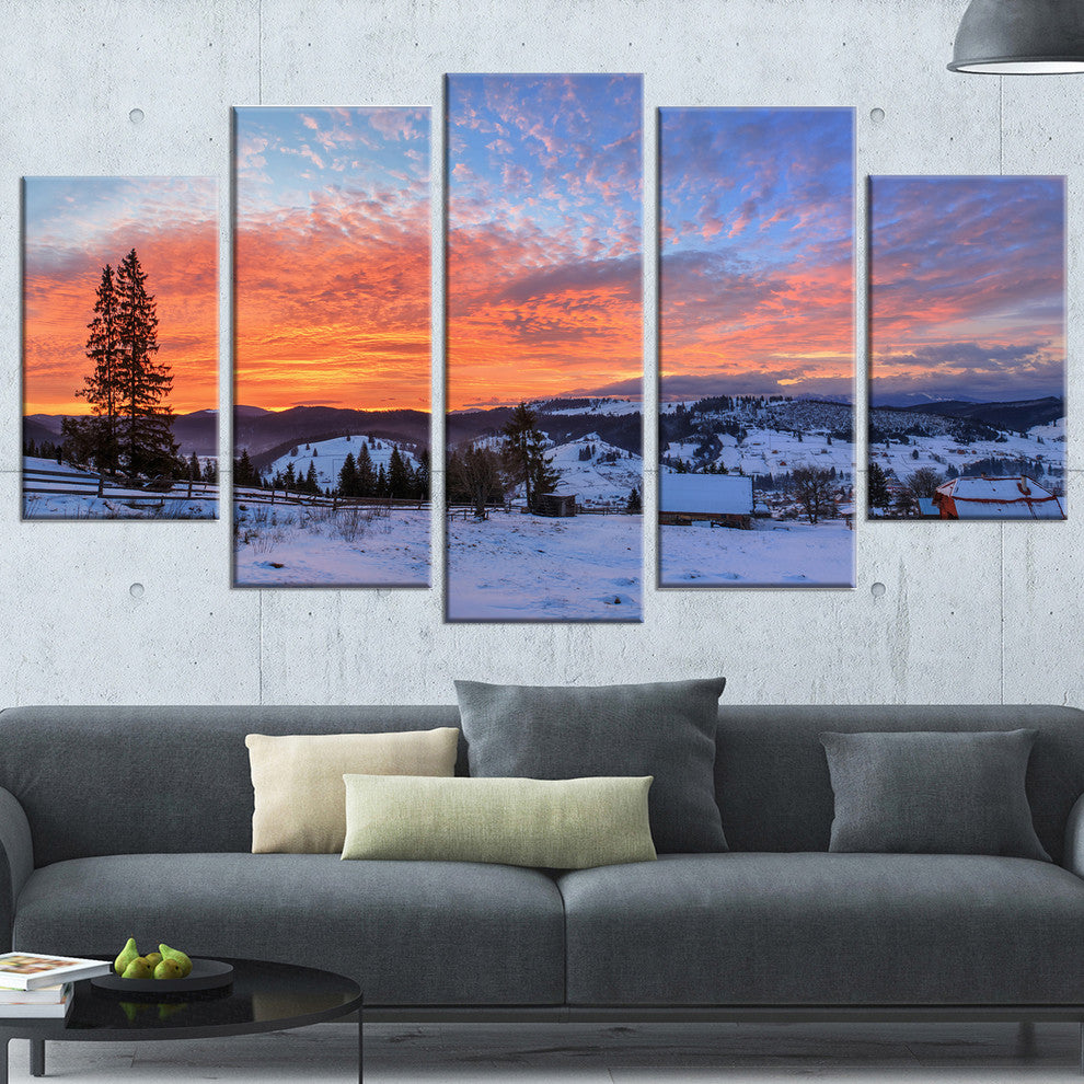 "Snowy Colorful Dawn in Mountains" Landscape Wall Wall Art, 5 Panels, 60"x32"