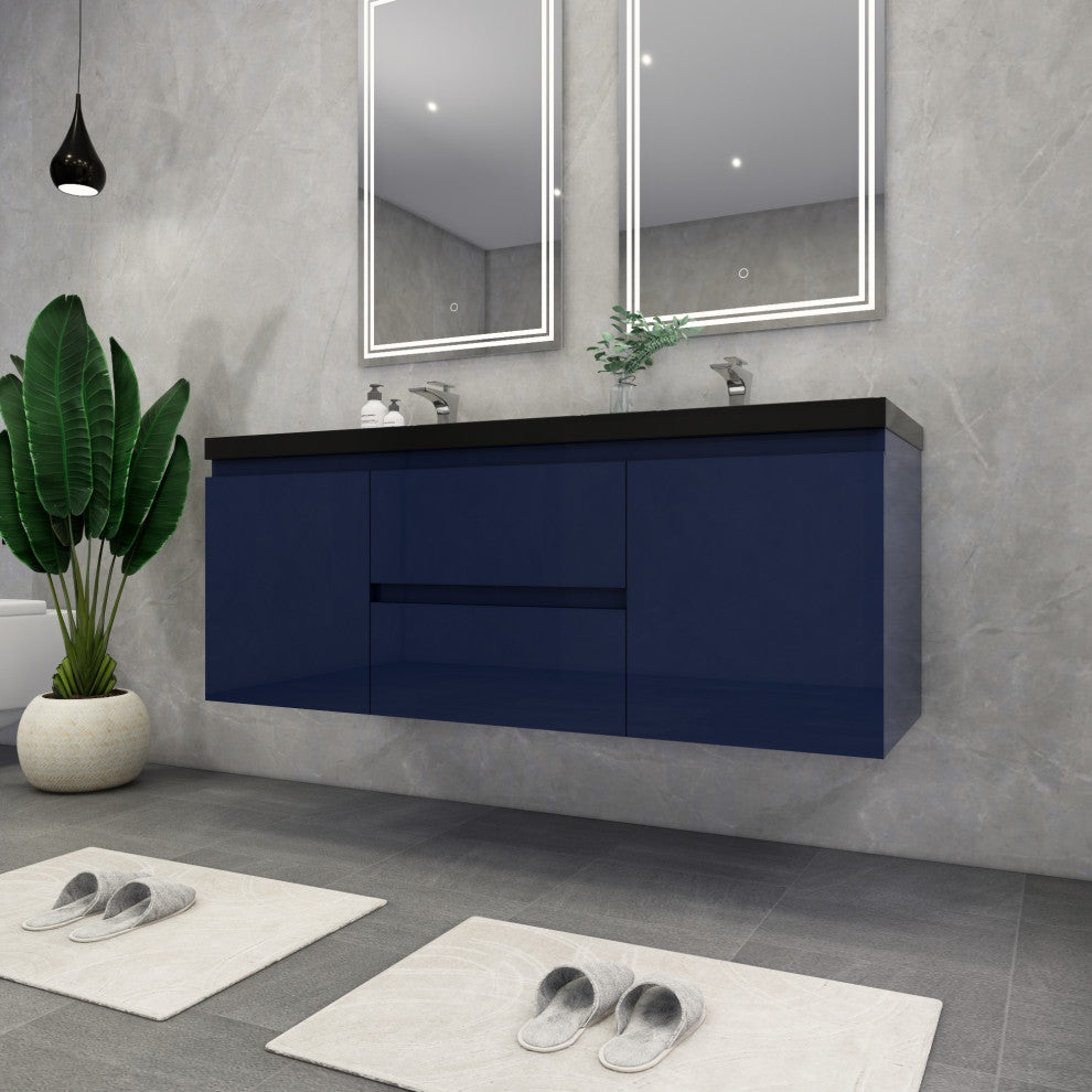 Belli 60" Double Sink Wall Mount Vanity Set, High Gloss Blue, Matt Black Top