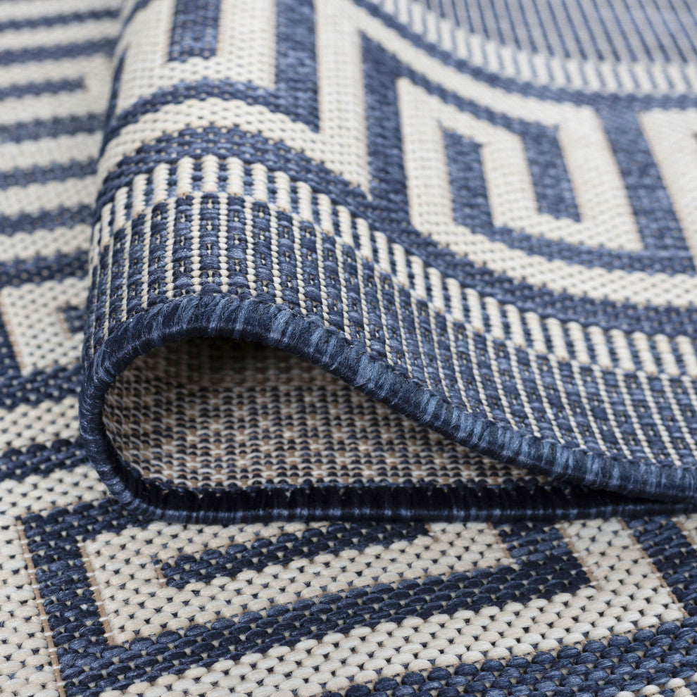 Giovanna Transitional Greek Key Navy/Cream Indoor/Outdoor Area Rug, 9'x12'