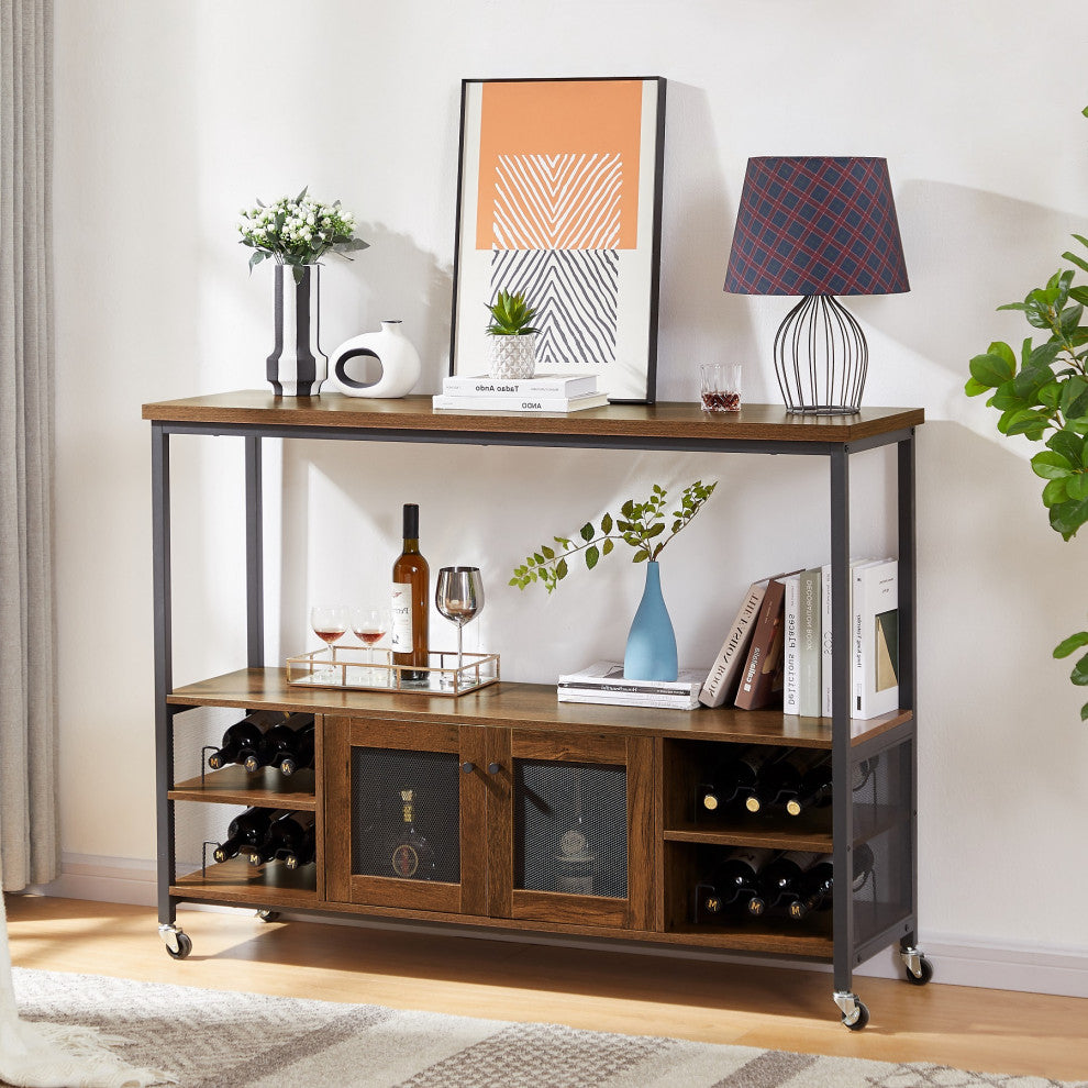 Multi-function Wine Shelf Table, Modern Wine Bar Cabinet Hazelnut Brown