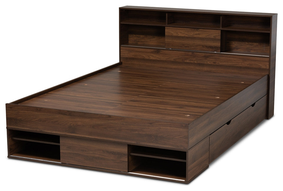 Walnut Brown Finished Wood 1-Drawer Queen Size Platform Storage Bed with Shelves