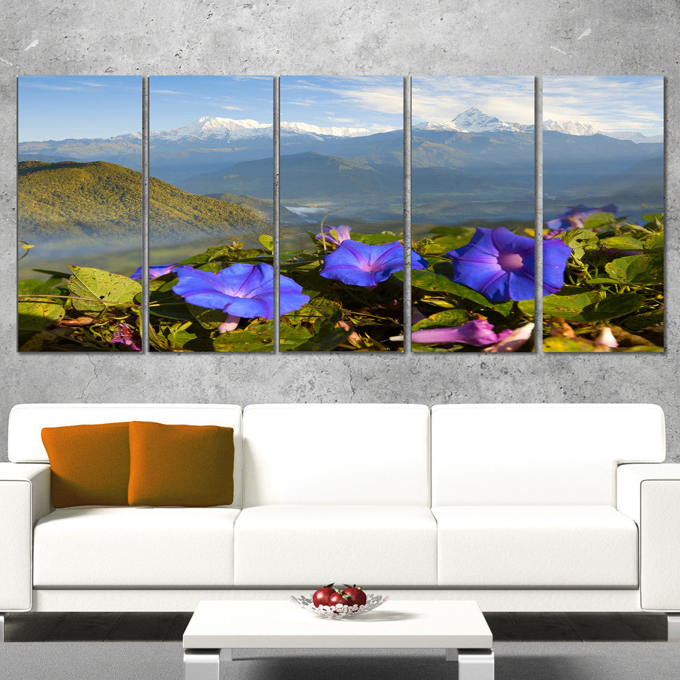 Stunning Mountain Terrain with Flowers, Landscape Canvas Art, 60"x28", 5 Panels