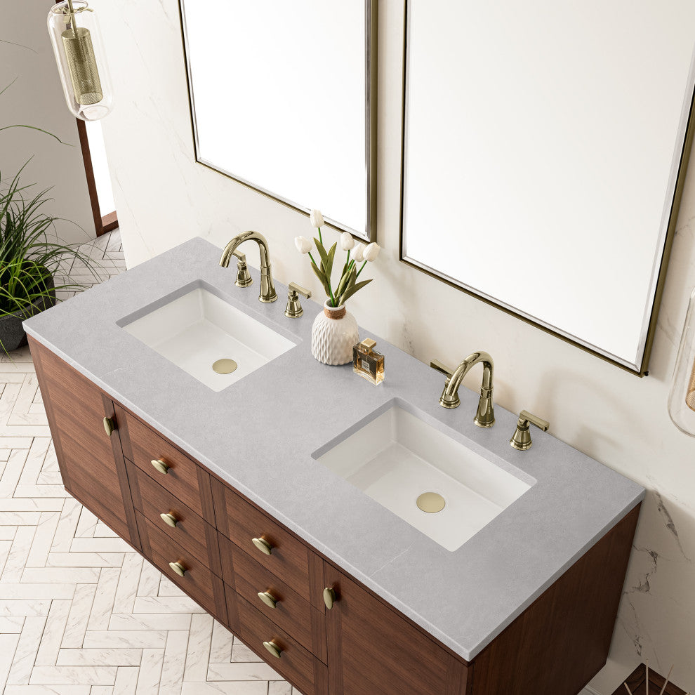 Amberly 30" Single Vanity, Mid-Century Walnut, 60", Carrara Marble, Three-Hole
