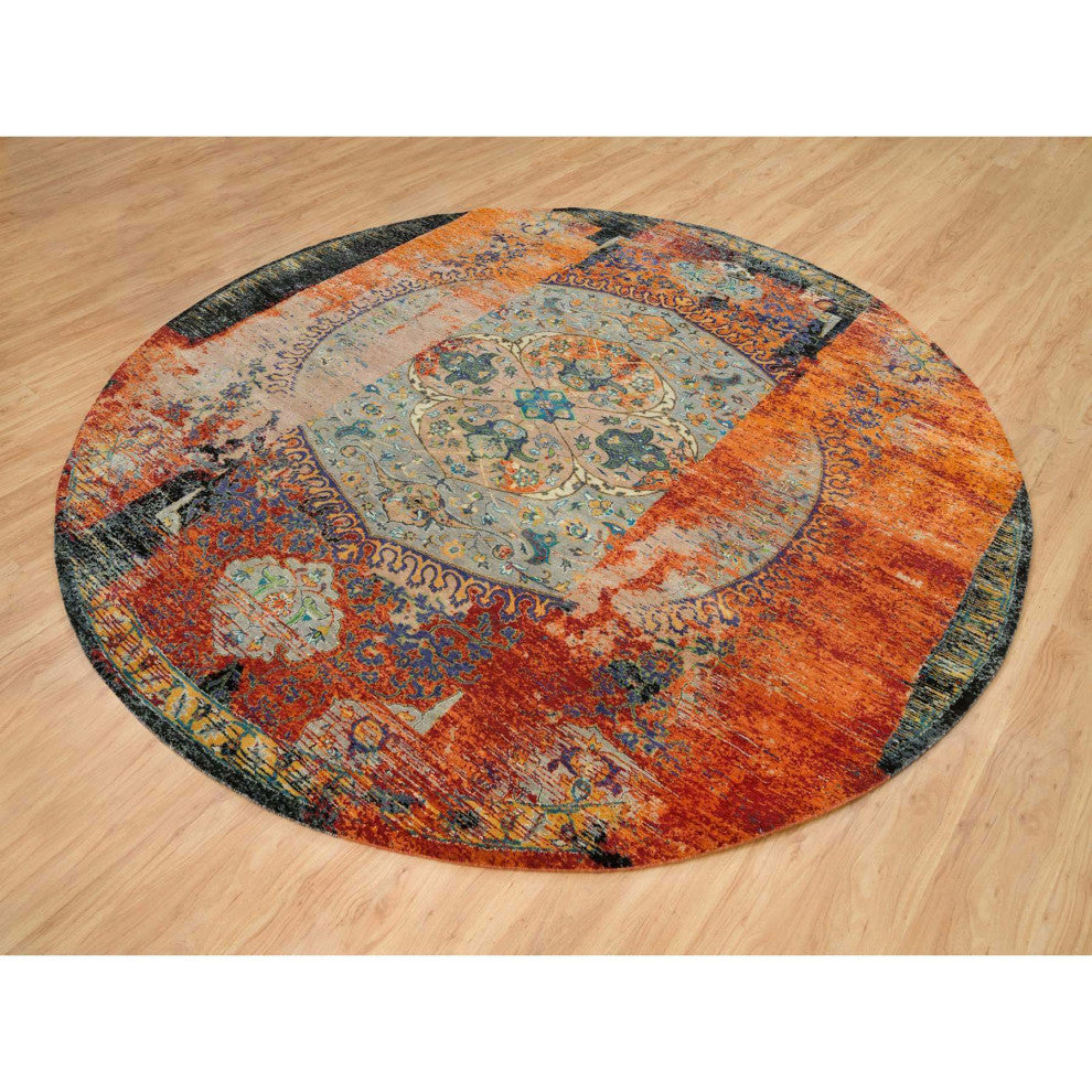 Orange Ancient Ottoman Erased Design Wool Hand Knotted Round Rug 10'x10'