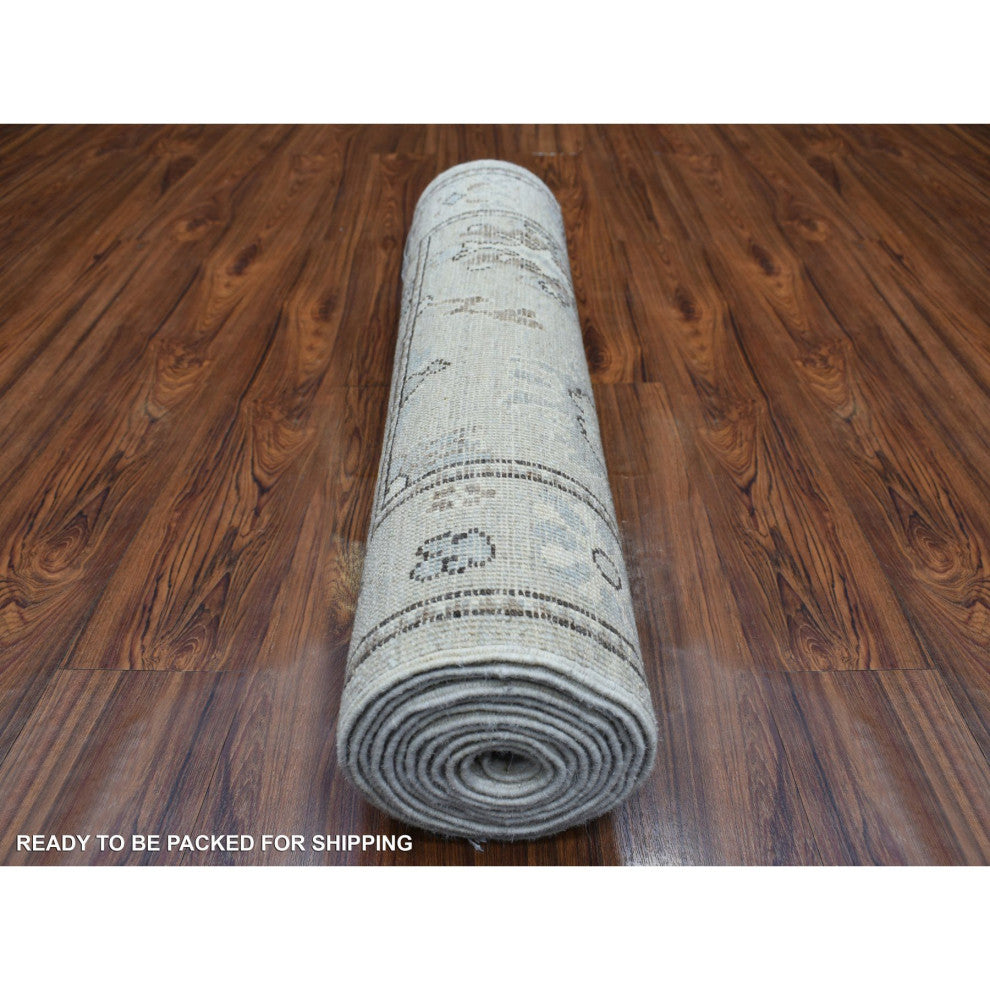 Gray Angora Ushak Natural Dyes Afghan Wool Hand Knotted Runner Rug, 2'10"x13'9"