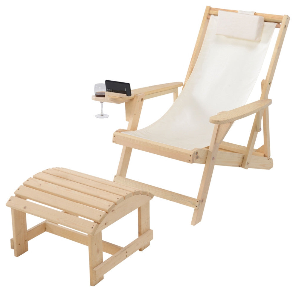 Romantic Collection Canvas Sling Chair with Cup and Wine Holder, Natural Frame B