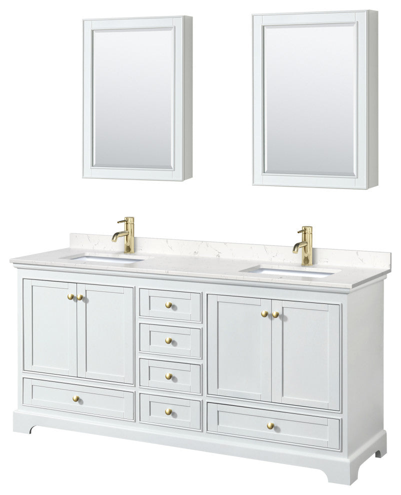 72"DBL Vanity White, Carrara Cult. Marble Top, Sinks, Gold Trim, Med. Cabinets