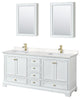 72"DBL Vanity White, Carrara Cult. Marble Top, Sinks, Gold Trim, Med. Cabinets