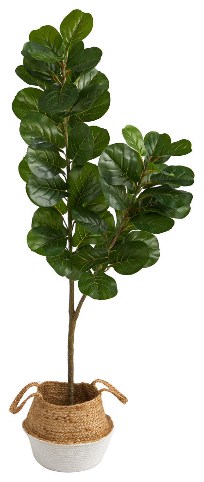 4.5' Fiddle Leaf Fig Faux Tree With Boho Chic Handmade Cotton & Jute Planter