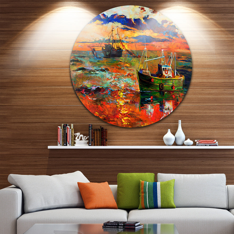 Colorful Fishing Ships, Seascape Painting Round Metal Wall Art, 36"