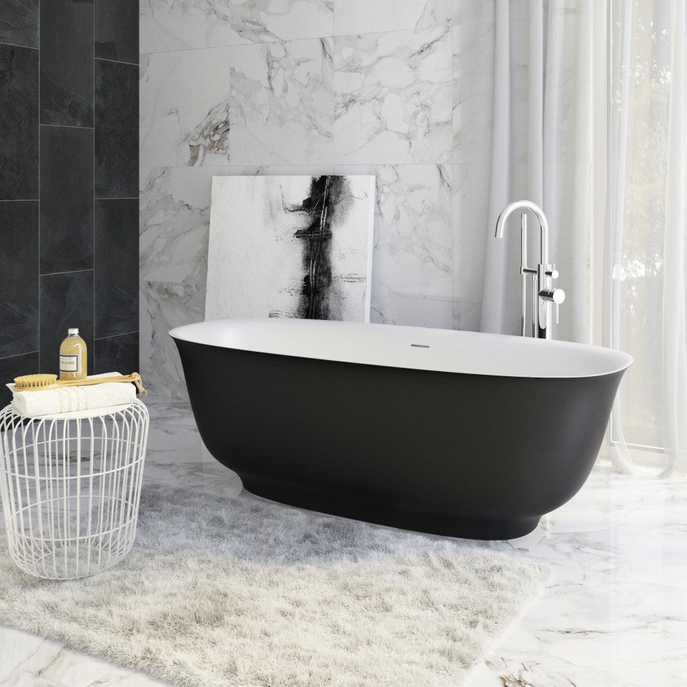 Perlato Ravenna 67" Eco-Lapistone Freestanding Soaker Tub, Matte Black Exterior
