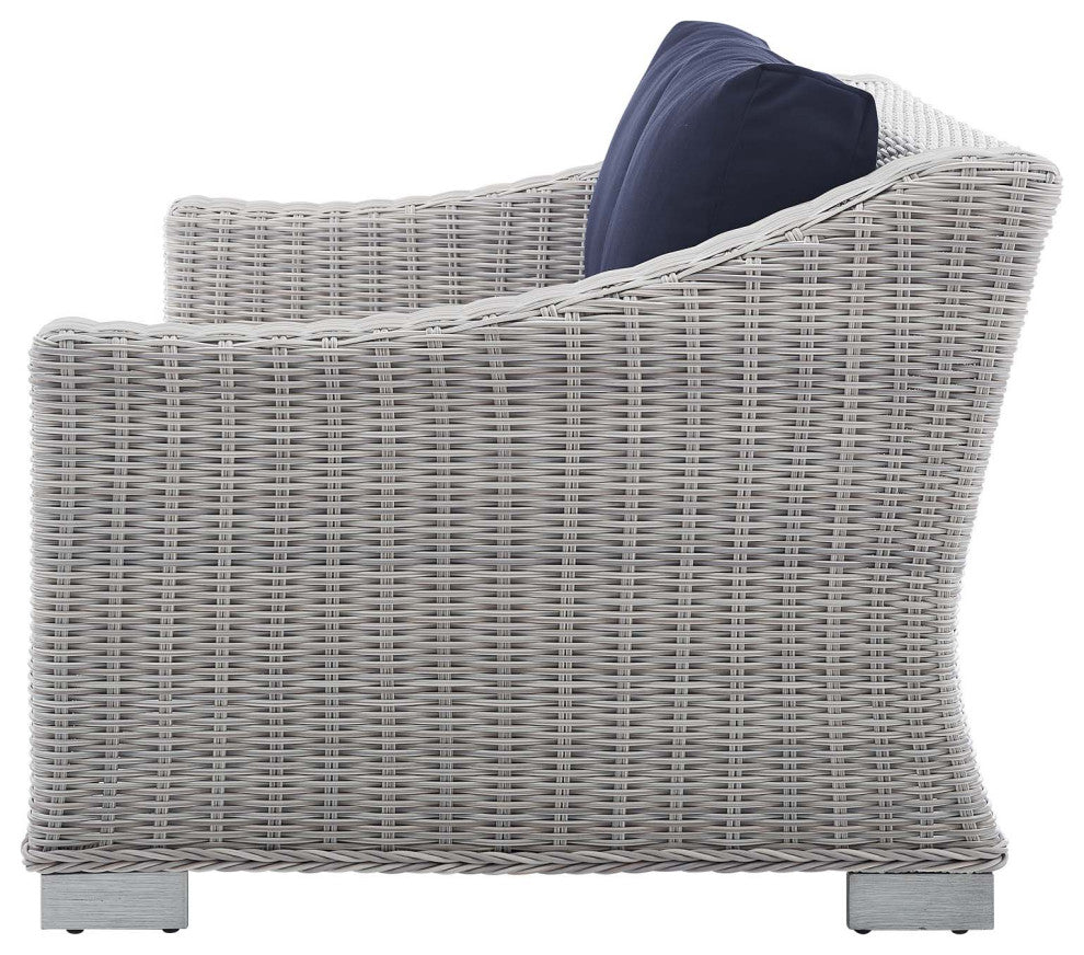 Lounge Sofa Chair Table Set, Rattan, Wicker, Gray Blue Navy, Outdoor