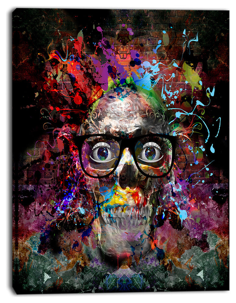 Colorful Human Skull with Glasses, Abstract Wall Art Canvas, 28"x60"