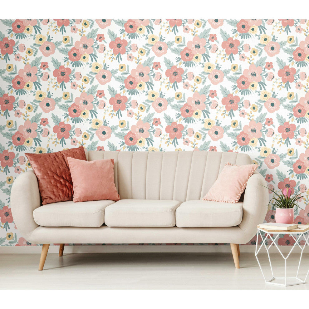 Poppy Floral Peel and Stick Wallpaper, White and Pink