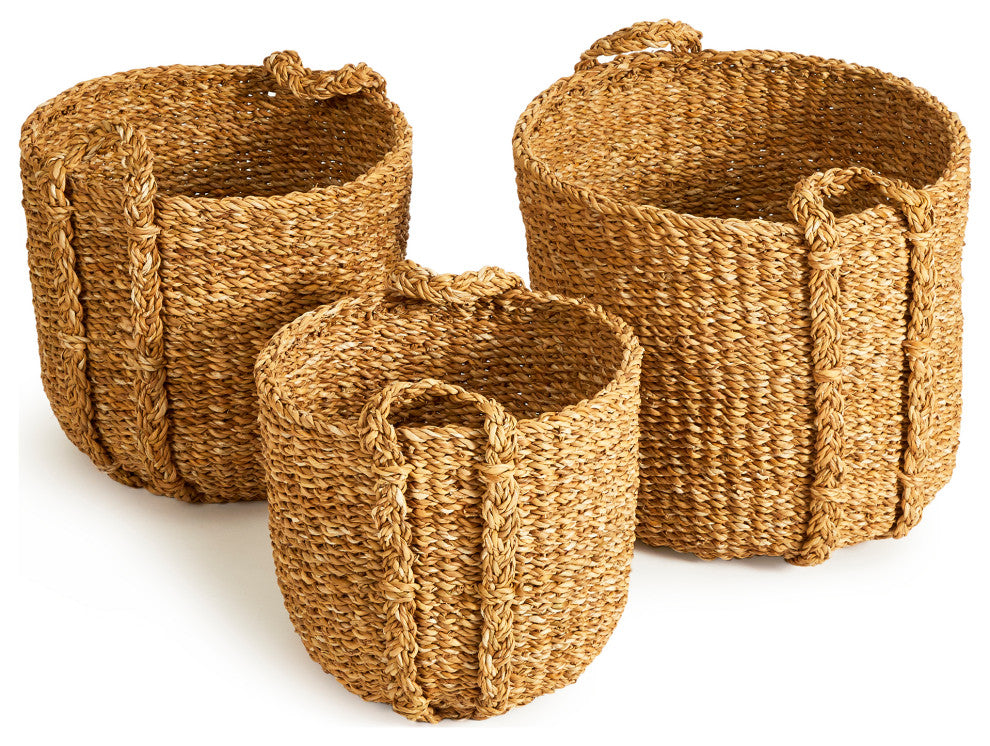 Set of 3 Contemporary Casual Natural Sea Grass Round Tote Baskets Handles Large
