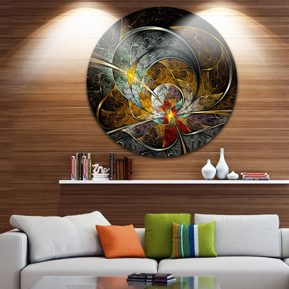 Symmetrical Yellow Digital Flower, Floral Round Metal Wall Art, 11"