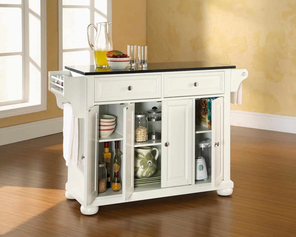 Alexandria Solid Black Granite Top Kitchen Island, White