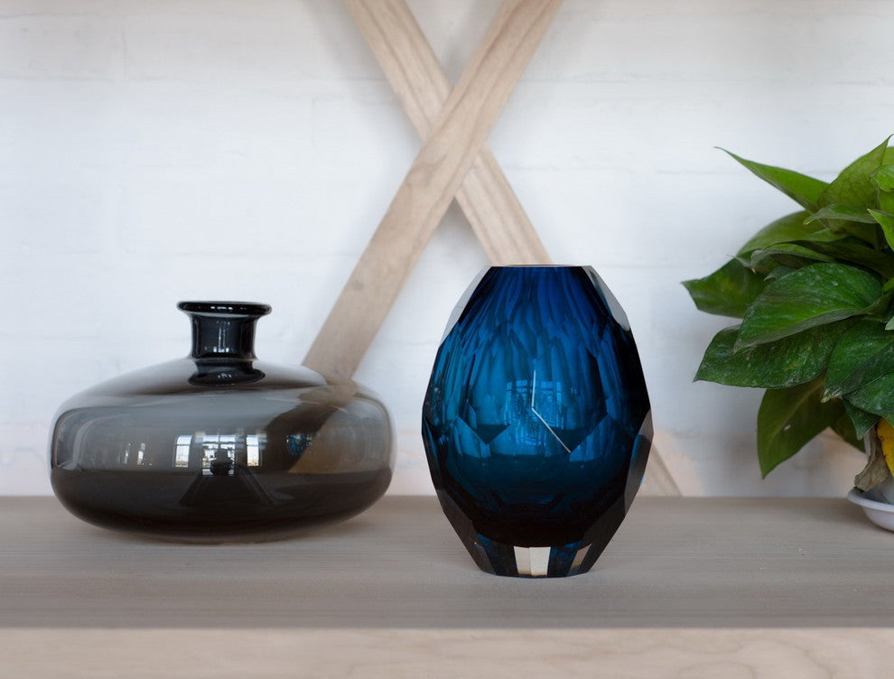 Diamond Solid Color Hand Blown Art Glass Vase, Gift Box, Blue