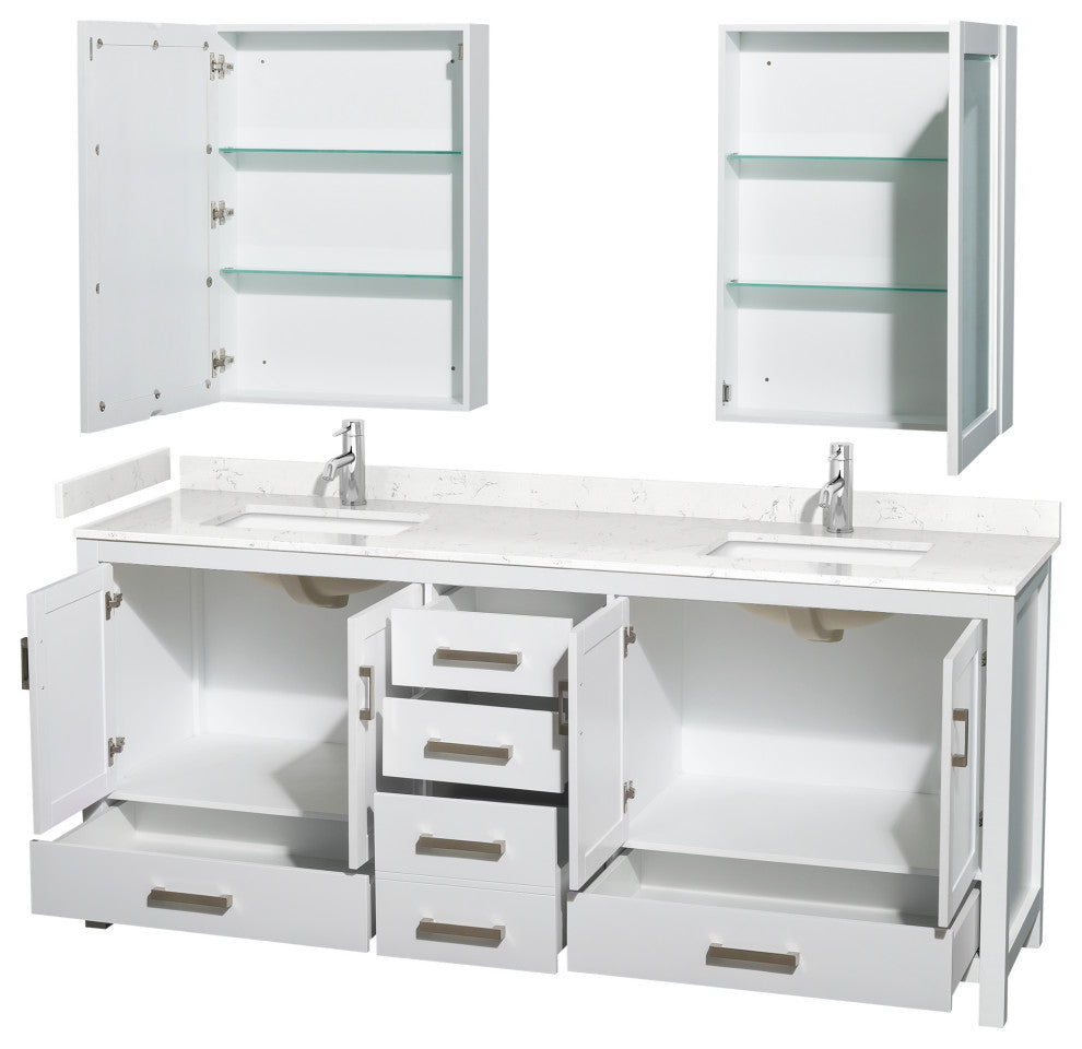 80"DBL Vanity White, Carrara Cult. Marble Countertop, Sinks, Med. Cabinets