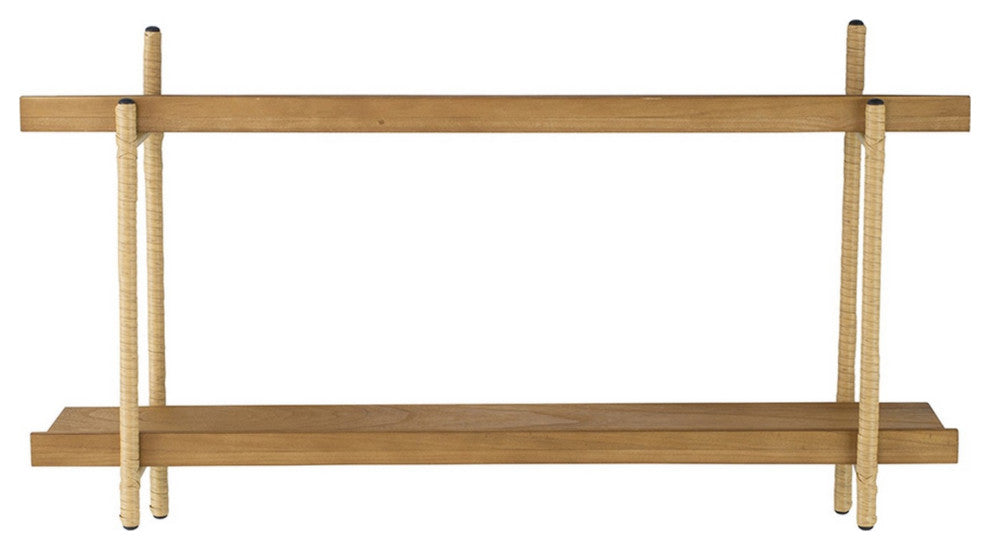 36 Inch Modern Wood Two Tier Shelf, Rattan Braiding, Brown, Gold