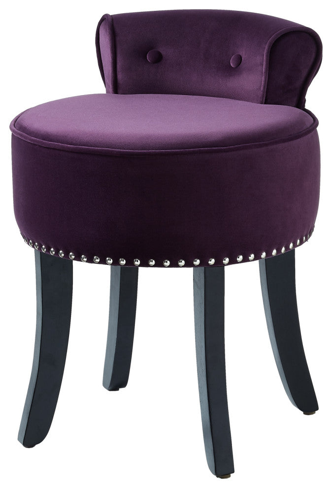 Ludovic Velvet Contemporary Nailhead Trim Rolled Back Vanity Stool, Purple