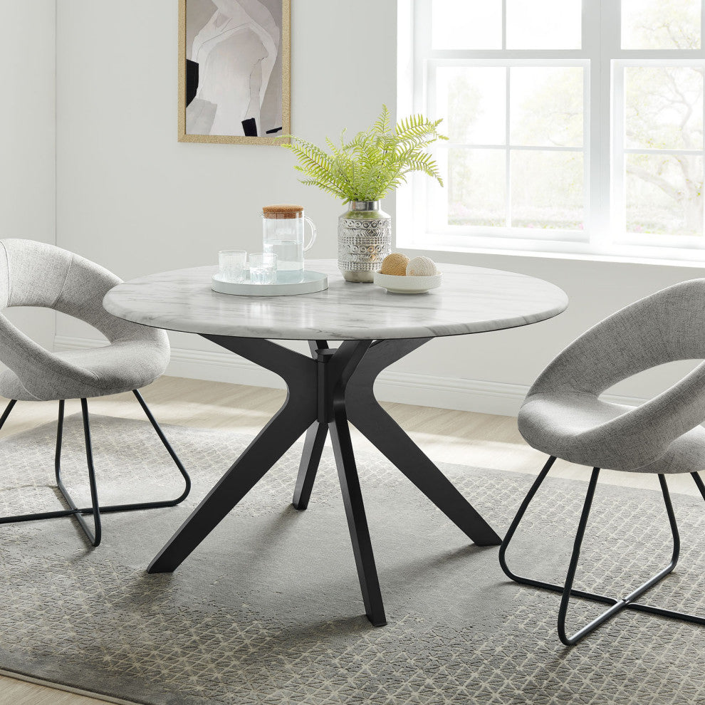 50" Dining Table, Round, White Black, Wood, Artificial Marble, Modern