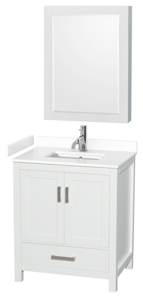30"SGL Bathroom Vanity White, White Cult. Marble Countertop, Sink, Med. Cabinet