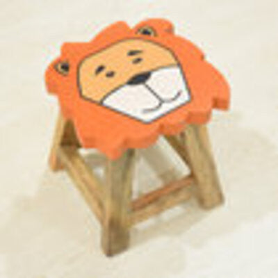 Handmade Mango Wood Kids Orange Color Lion Shaped Seat Indoor Stool, Orange