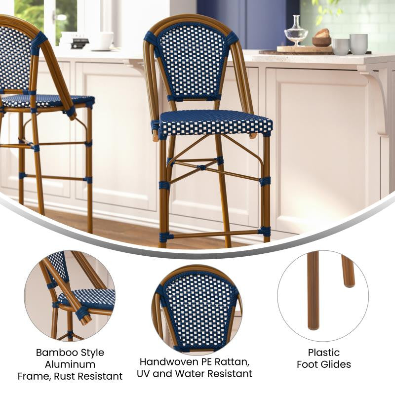 Set of 2 Stackable Indoor/Outdoor French Bistro 30" High Bar Stools, Navy & White/Natural Frame